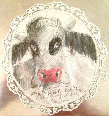 Spitzendeckchen Madam Elisa: Zeichnung einer Kuh auf einem Spitzendeckchen!